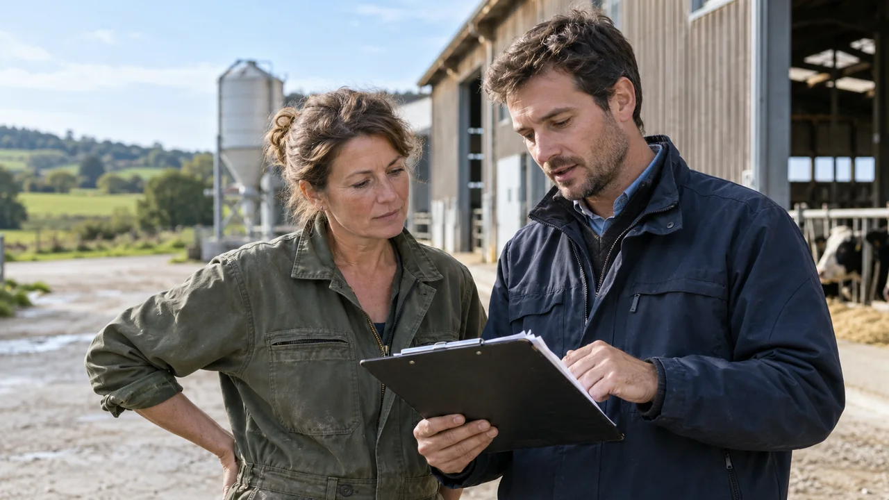 Deux professionnels échangent devant un bâtiment agricole