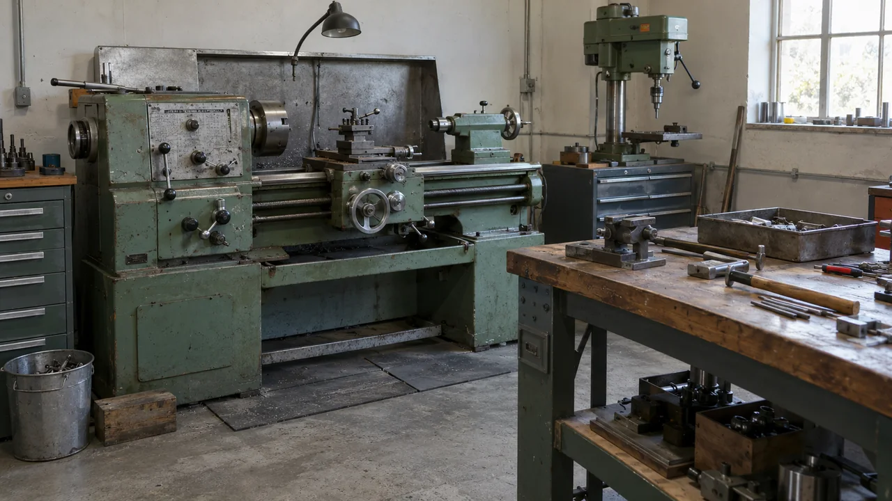 Machines-outils et établi dans un petit atelier professionnel.