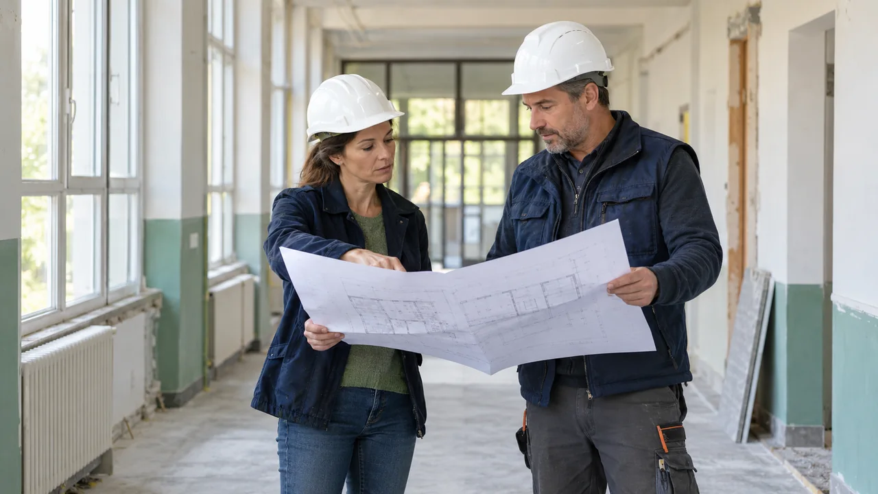 Deux professionnels préparent un projet de rénovation dans un bâtiment