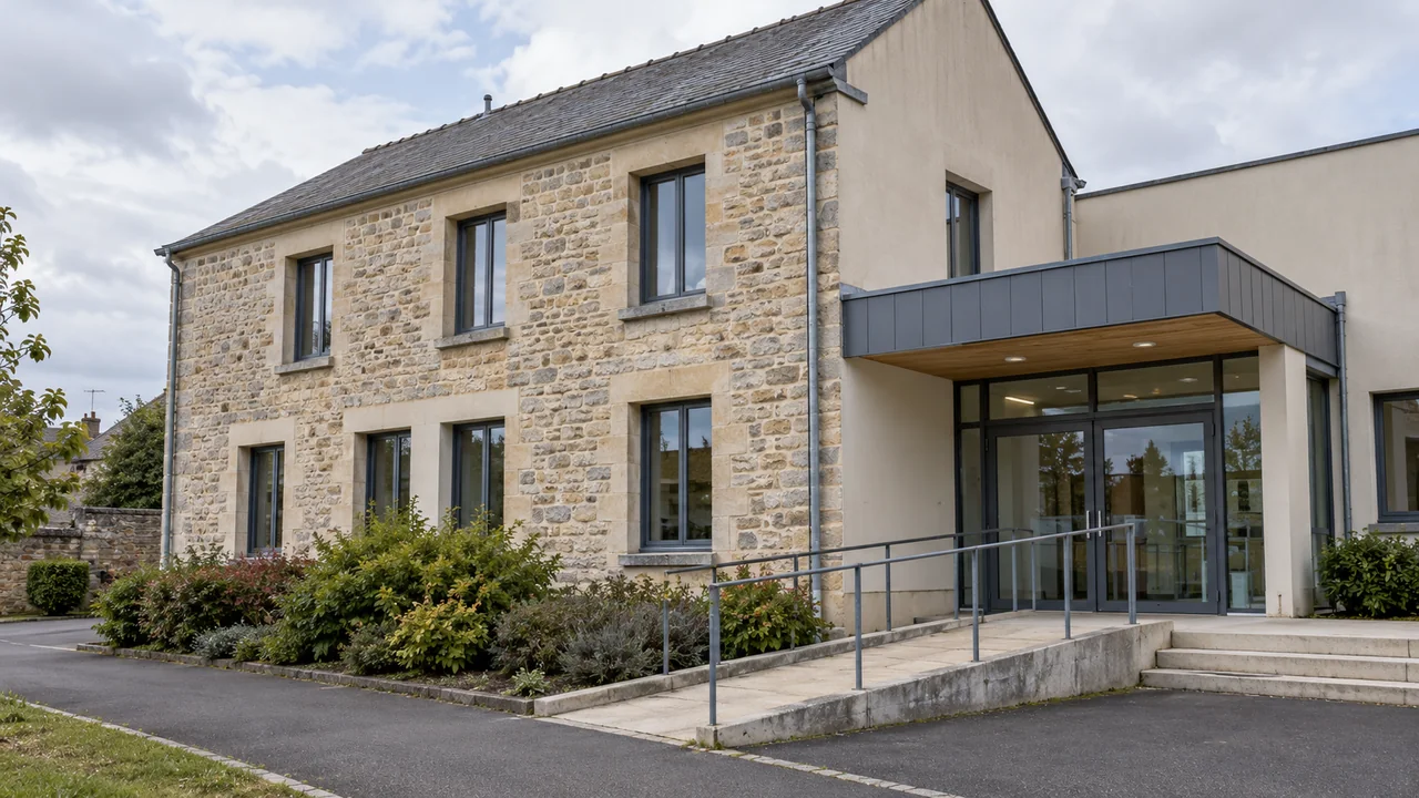 Façade et entrée d’un bâtiment public avec ses espaces extérieurs.