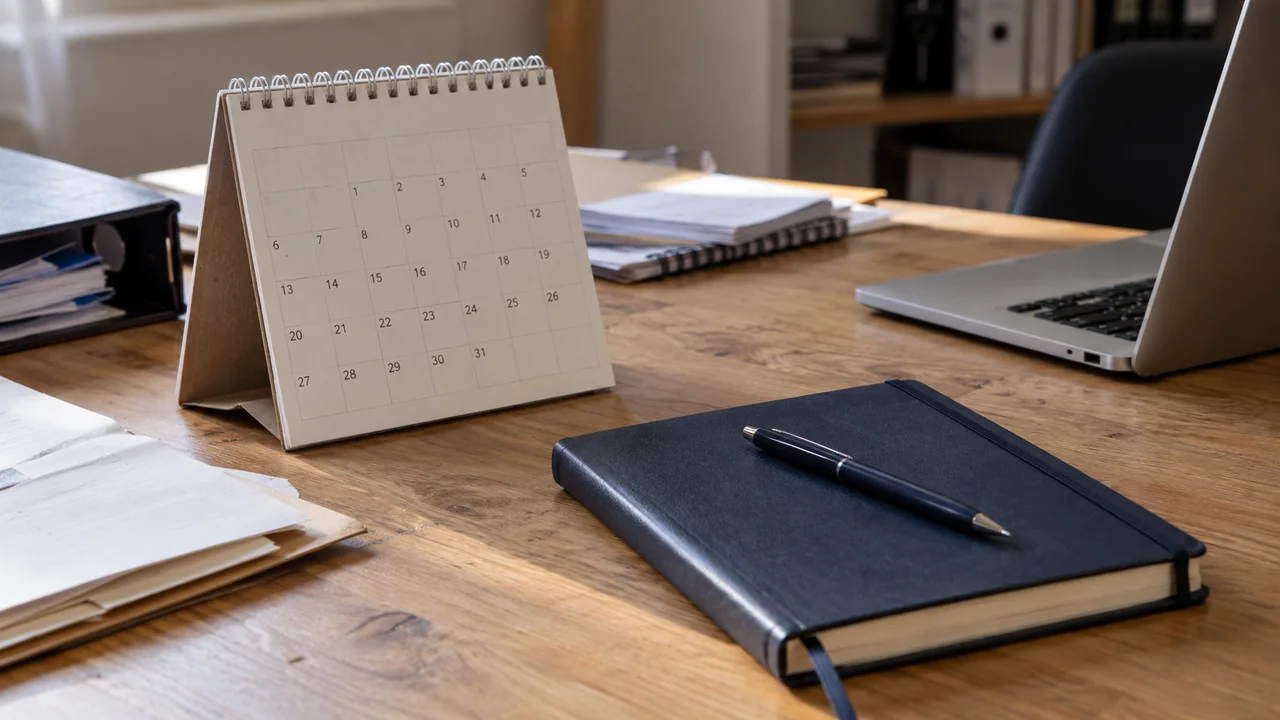 Calendrier de bureau, stylo et carnet pour préparer une échéance contractuelle.