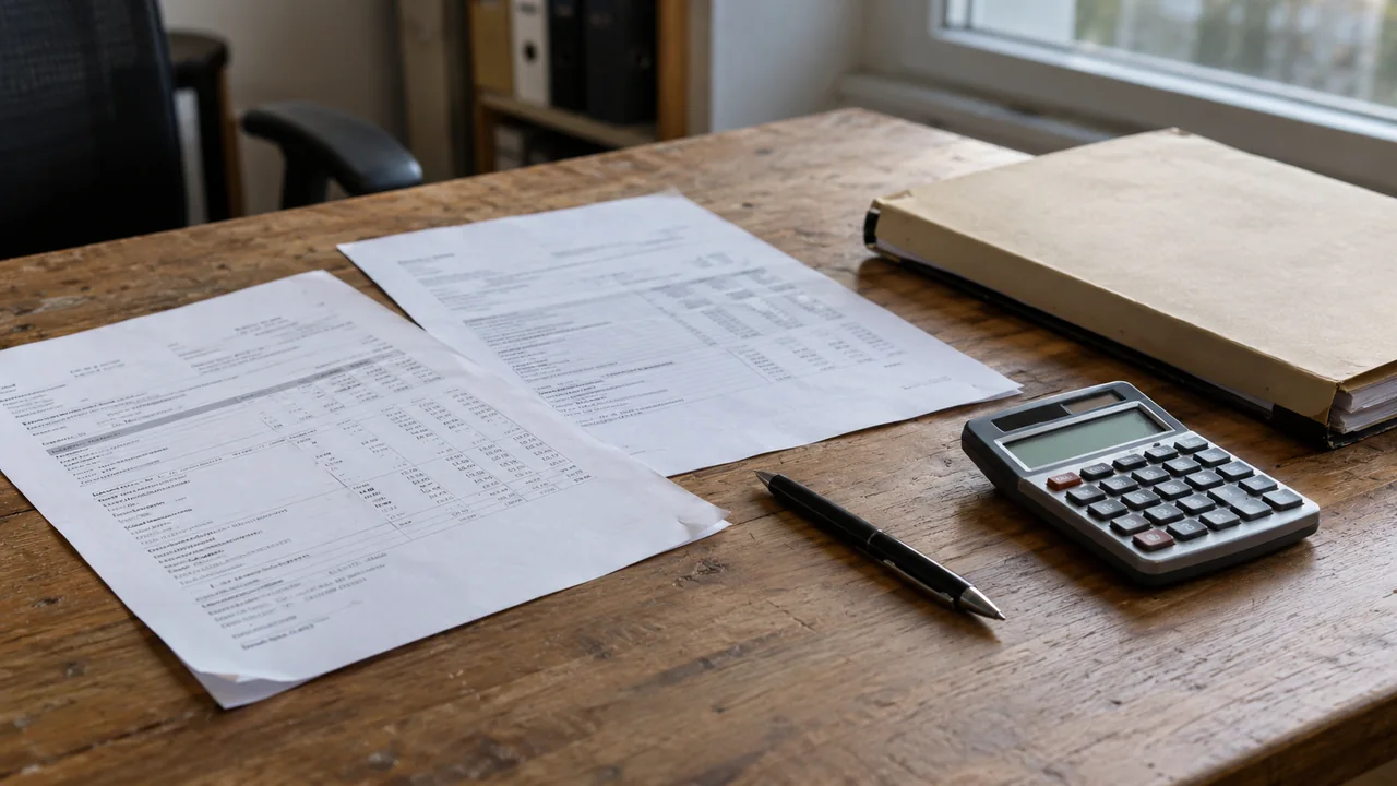 Documents, calculatrice et stylo sur un bureau de travail.
