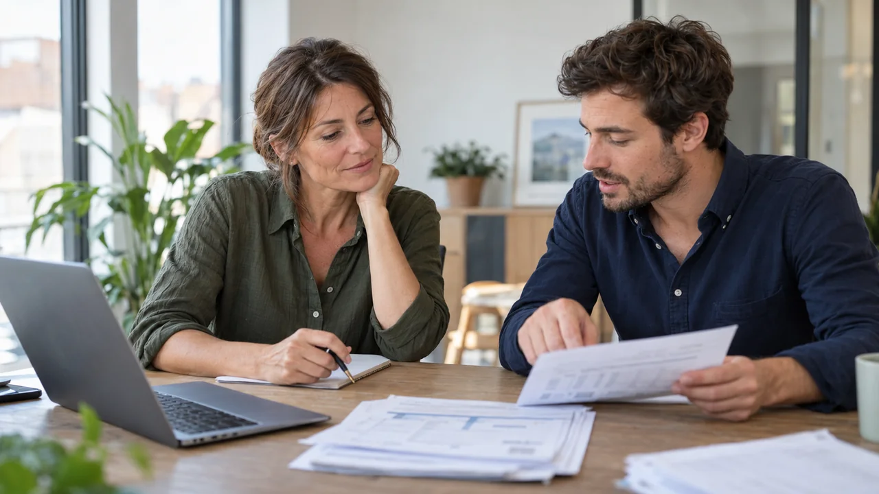 Deux professionnels examinent ensemble des documents dans un bureau