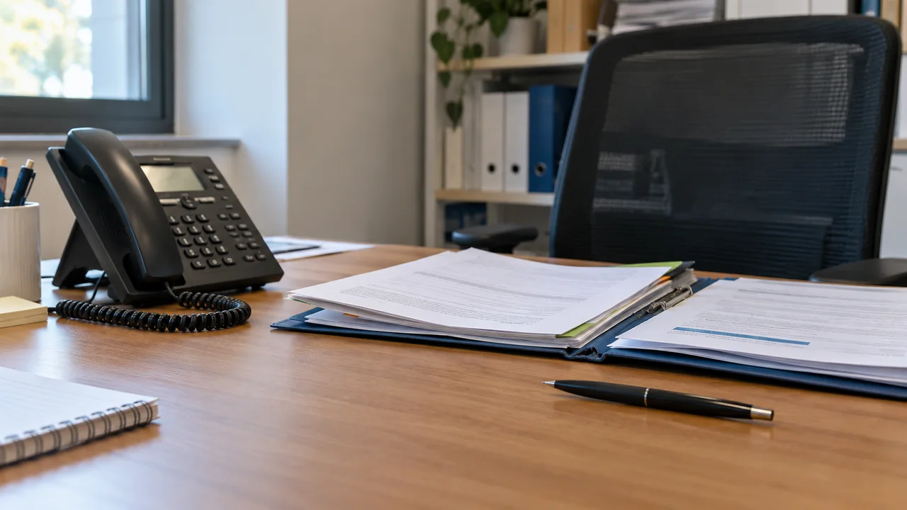 Téléphone et dossier de travail sur un bureau professionnel.