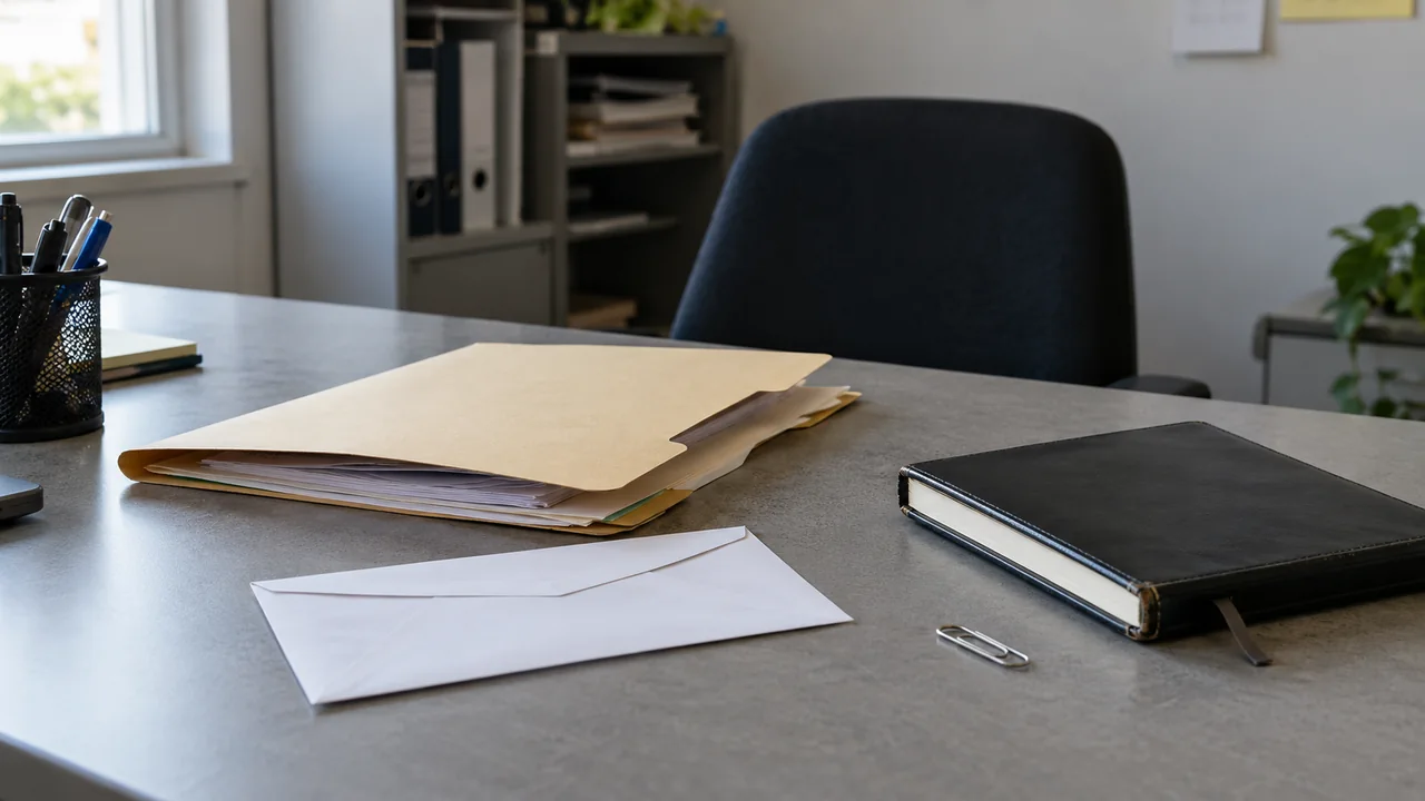 Dossier papier, enveloppe et agenda sur une table de bureau.