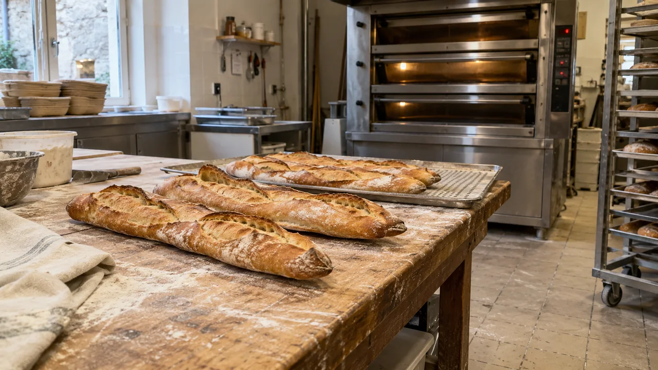 Four professionnel, plaques de cuisson et pains dans un fournil.