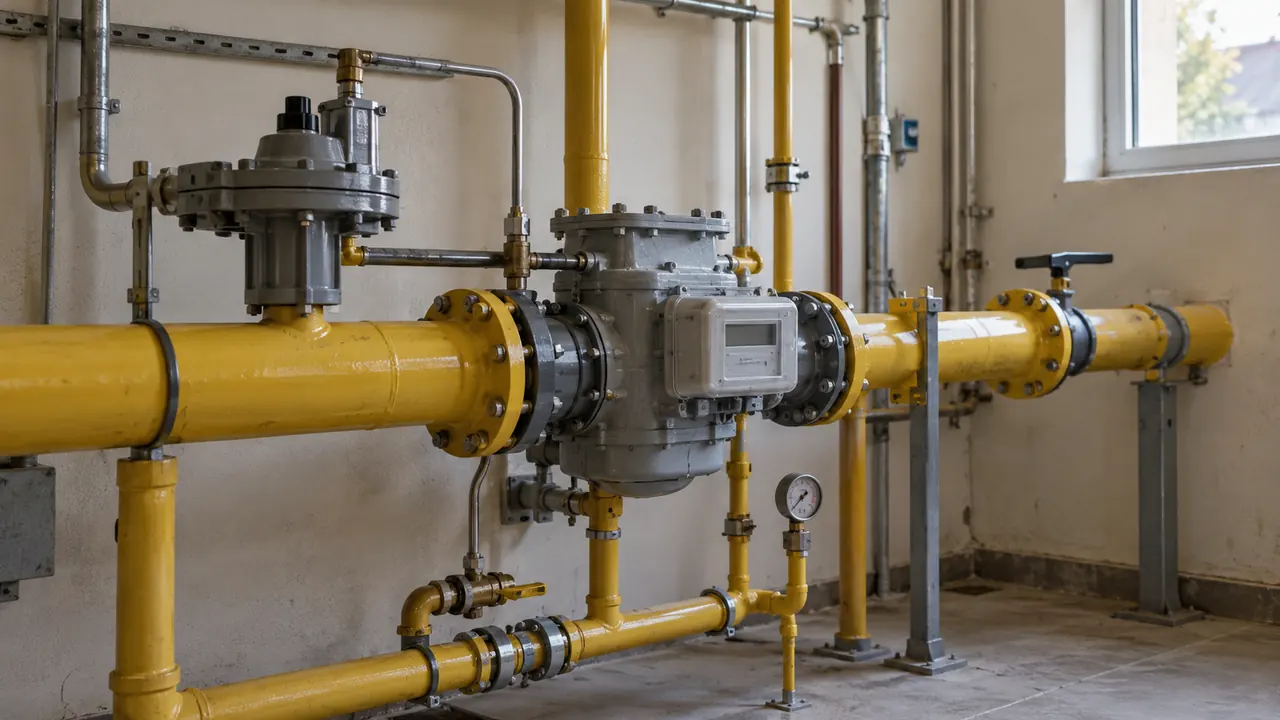 Compteur et conduites de gaz dans un local technique professionnel