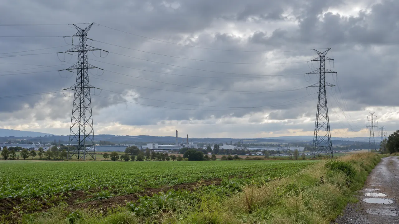 Lignes électriques et zone d’activité à l’horizon