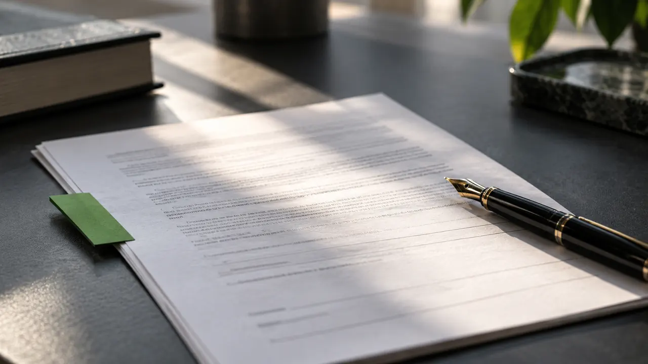 Contrat ouvert avec un marque-page et un stylo