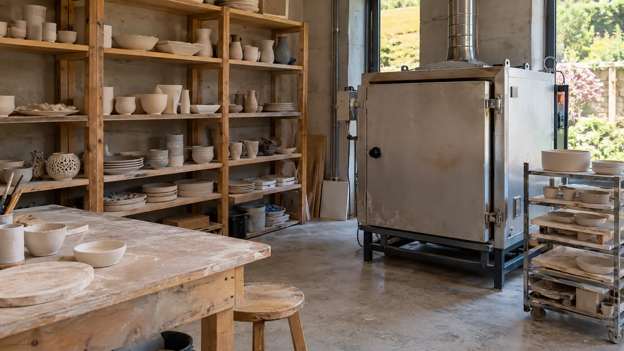 Four électrique et rayonnages dans un atelier de céramique