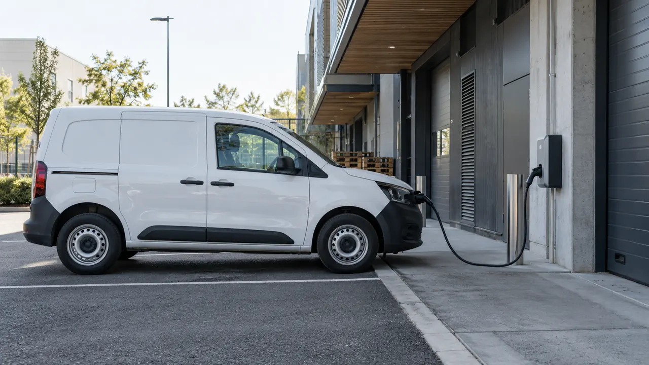 Utilitaire en charge devant un bâtiment d’entreprise