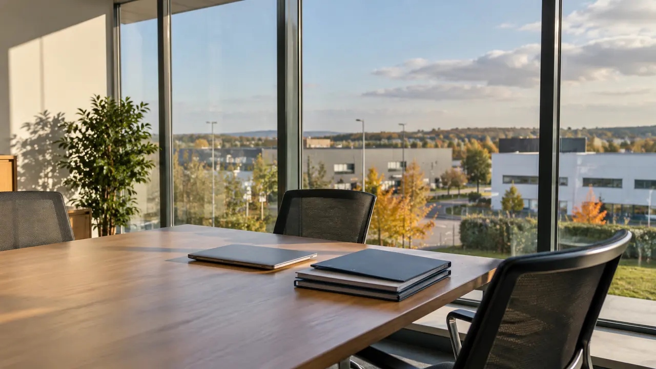 Dossiers sur une table de réunion avec vue sur une zone d’activité