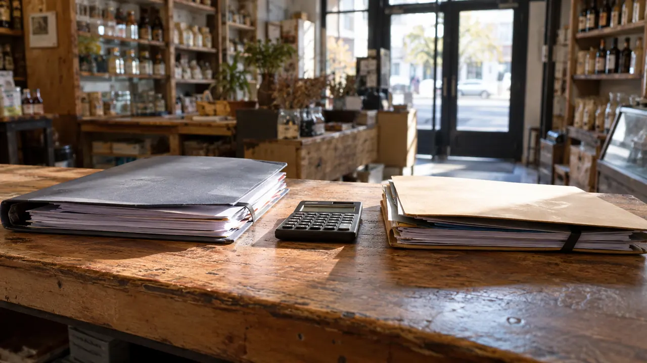 Deux propositions et une calculatrice sur le comptoir d’un commerce