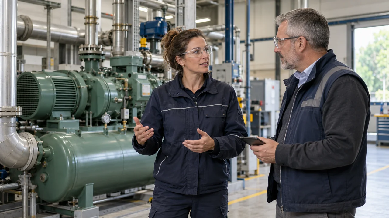Échange entre deux professionnels dans un atelier industriel