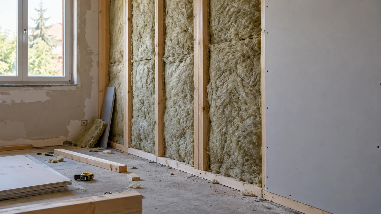 Pose d’isolant entre des montants dans un bâtiment en rénovation.