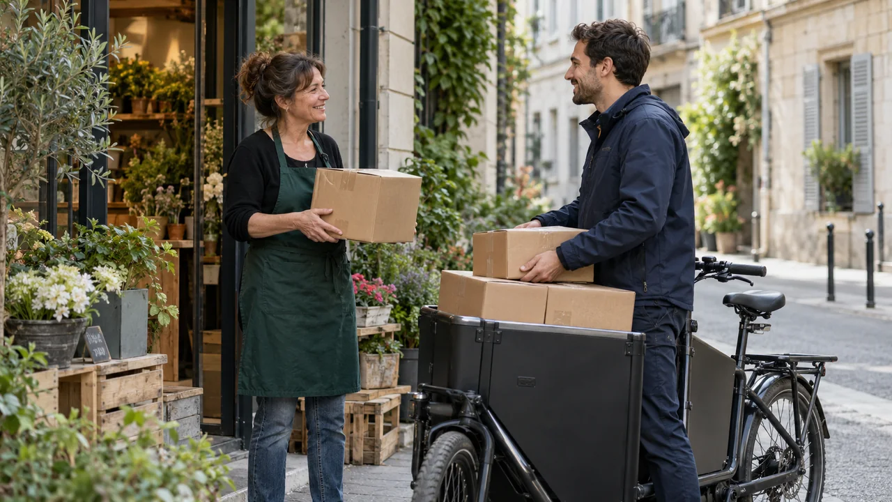 Échange entre une commerçante et un professionnel de la livraison à vélo cargo