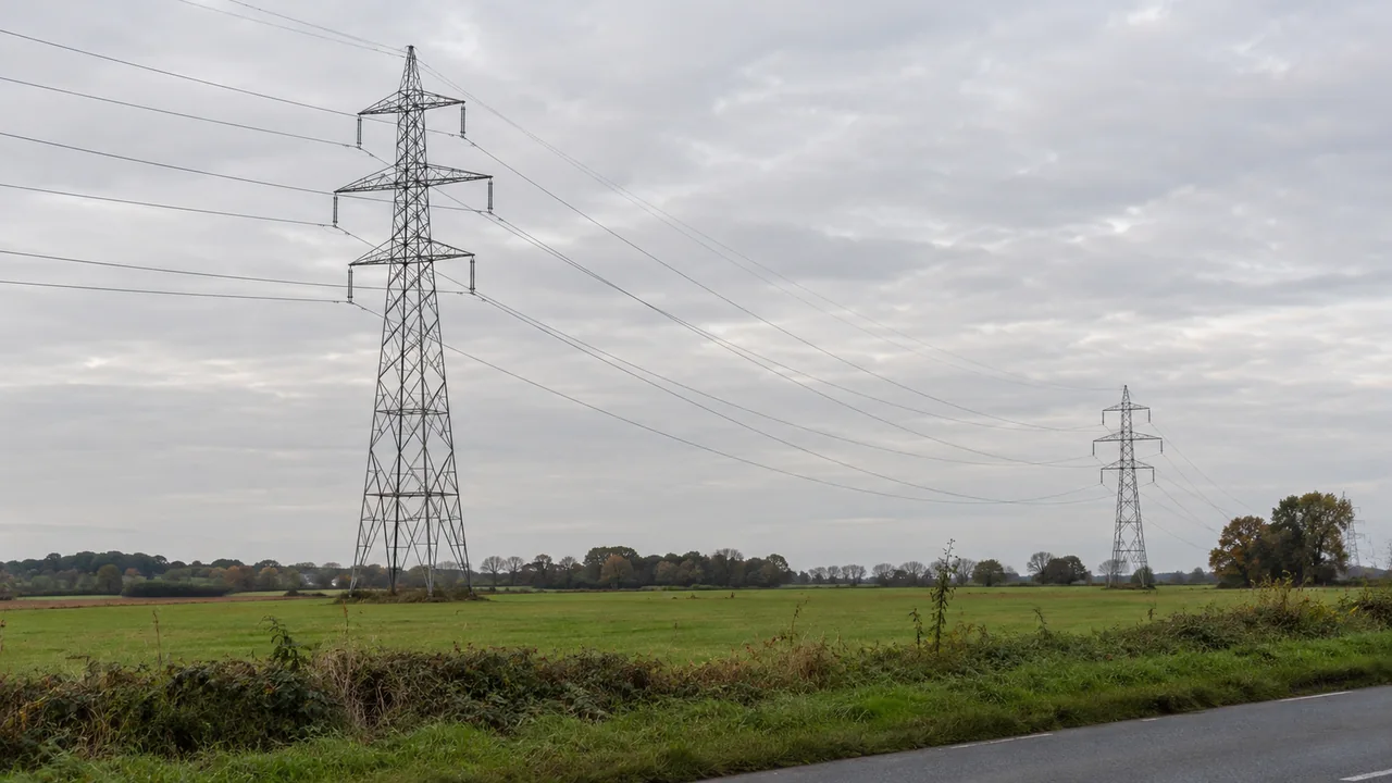 Pylônes et lignes électriques dans un paysage agricole sous un ciel couvert.