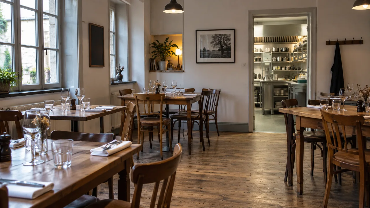 Salle de restaurant avec tables dressées et accès à la cuisine.