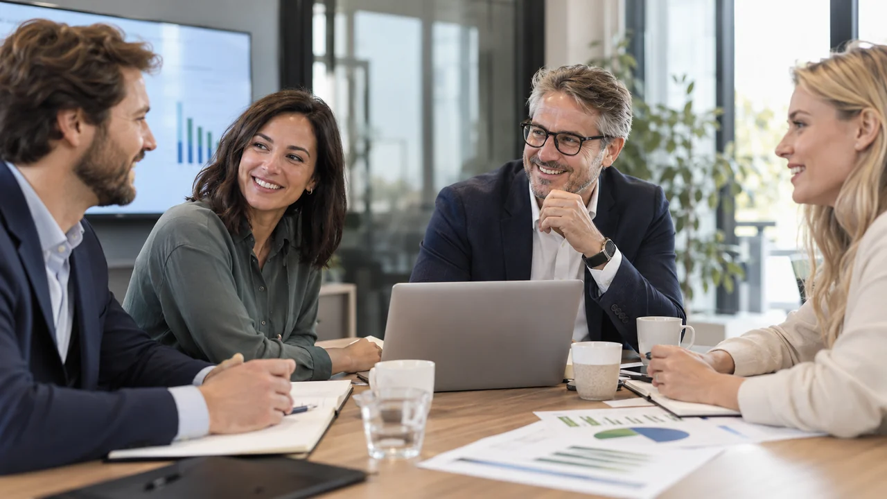 Quatre professionnels échangent autour de documents et d’un ordinateur dans un bureau lumineux